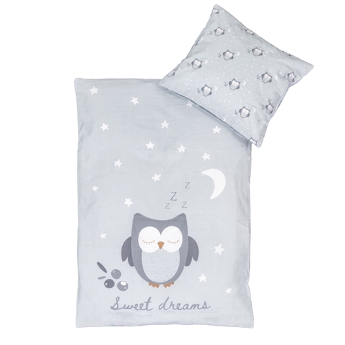 Ugle sengetøj 70x100 cm - Blåt baby sengesæt med sovende ugle - Vendbart motiv - 100% bomulds sengelinned - Nordstrand Home
