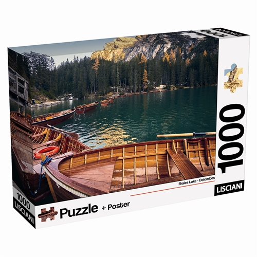 Puslespil med 1000 brikker - Lago di Braies i Italien - inkl. dobbeltsiddet plakat