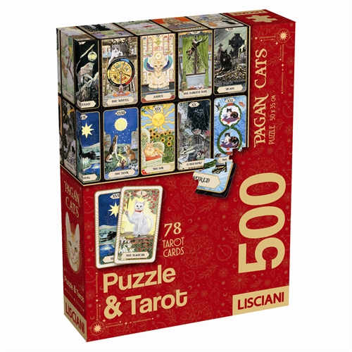 Pagan Cats Tarot puslespil med 500 brikker - 2-i-1 sæt med 78 tarotkort
