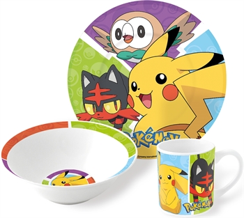 Pokémon børneservice i keramik - Spisesæt i 3 dele til børn - Pikachew, Rowlet, Litten og Popplio