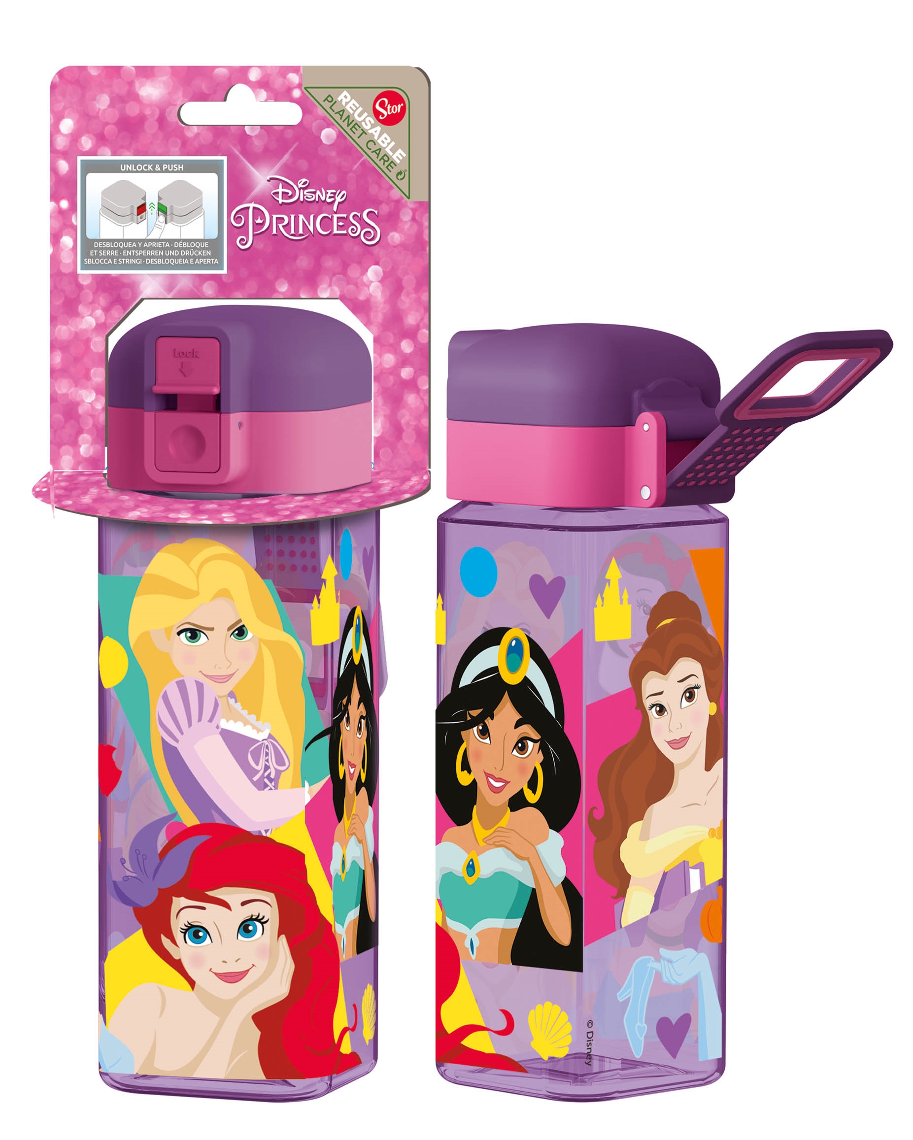 Disney Prinsesse drikkedunk - Vandflaske med låse flipfunktion og drikketud