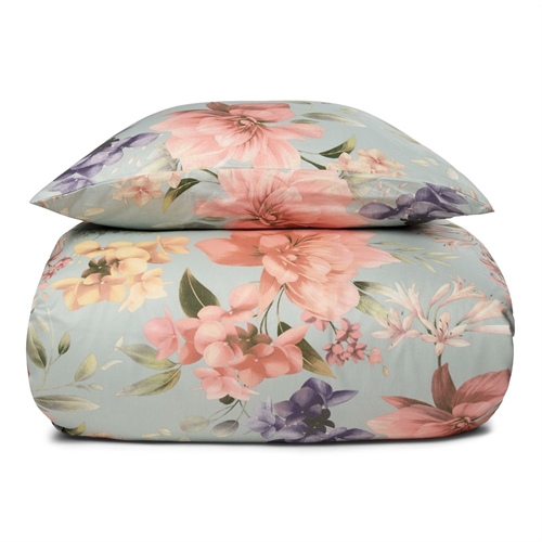 Blomstret sengetøj - 100% Blødt bomuldssatin - 140x200 cm - Lyseblå - By Night sengesæt - Summer Bloom