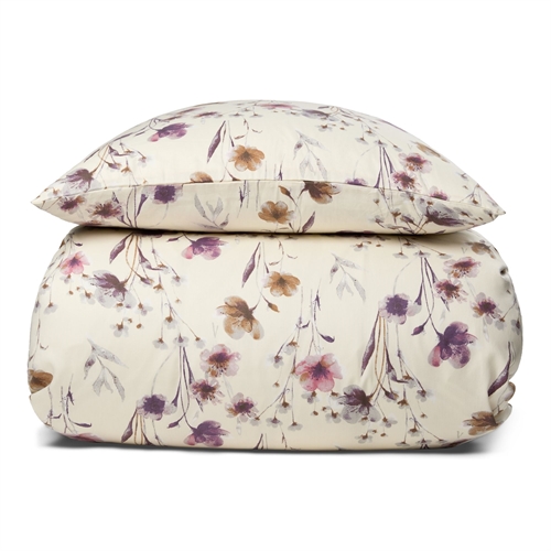 Blomstret sengetøj - 100% Blødt bomuldssatin - 140x200 cm - Sandfarvet - By Night sengesæt - Summer Flower