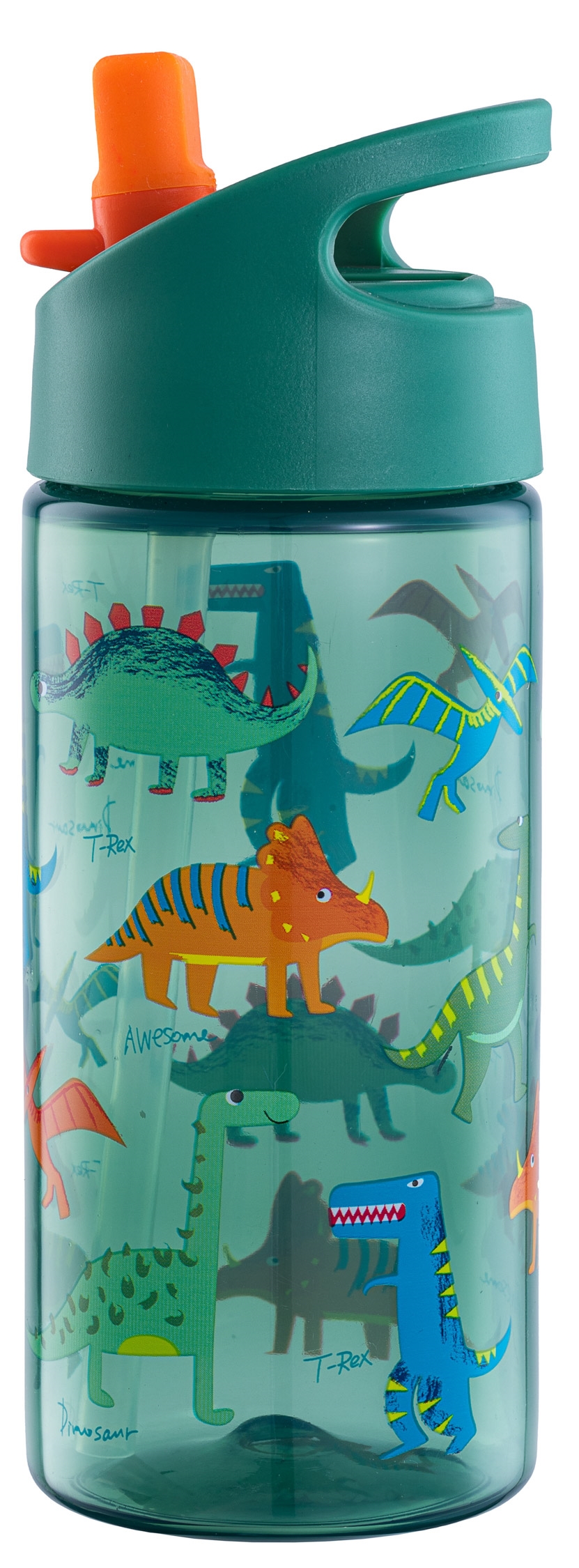 Grøn dinosaur drikkedunk - Vandflaske med flipfunktion og sugerør