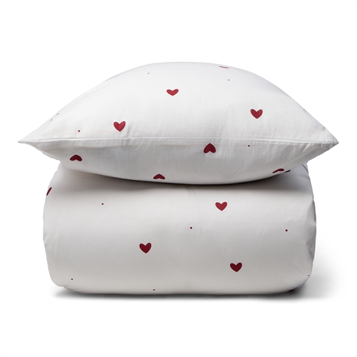 Sengetøj 100% bomuld - 140x200 cm - Hvidt sengesæt med fine røde hjerter - Nordstrand Home blødt dynebetræk