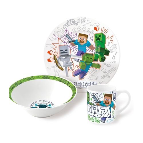 Minecraft børneservice i keramik - Spisesæt i 3 dele til børn - Survival mode - Keramik servicesæt