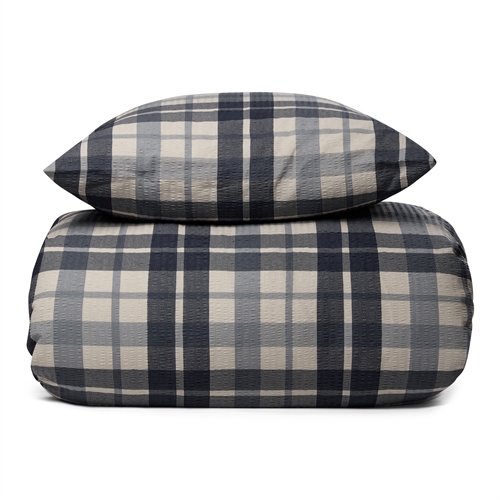 Bæk og Bølge sengetøj 140x200 cm - Blåt ternet sengesæt - 100% bomuld - Krepp sengelinned - By Night 