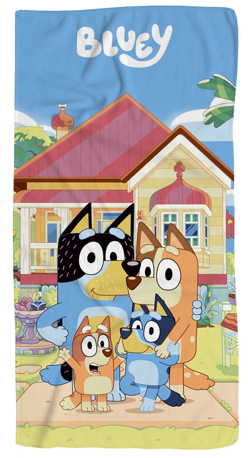 Bluey håndklæde - 70x140 cm - 100% bomuld - Blødt badehåndklæde med Bluey og hendes familie