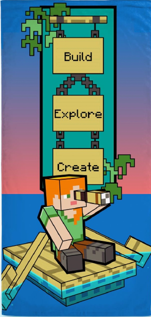 Minecraft håndklæde - 70x140 cm - Build Explore Create - 100% bomuld - Blødt badehåndklæde med Alex