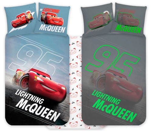 Lynet McQueen sengetøj - 100% blødt bomuld - Vendbart selvlysende junior sengesæt - 100x140 cm - Cars sengelinned