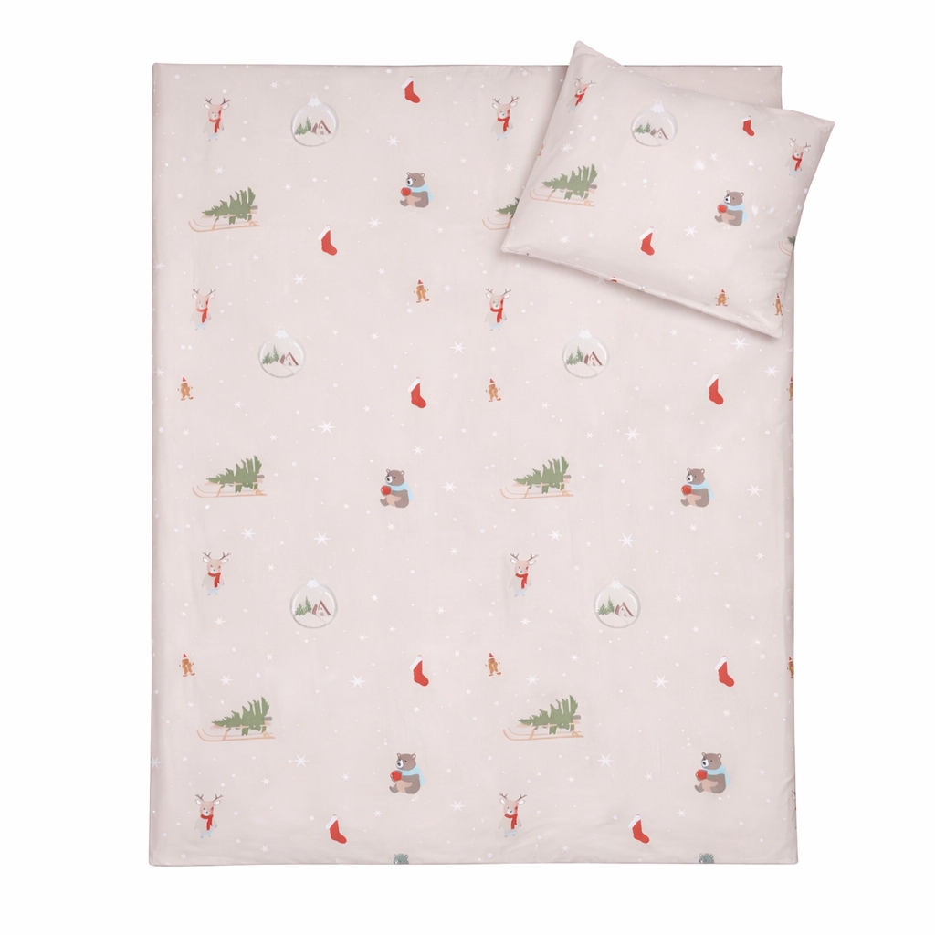Julesengetøj - 100% bomuld - Junior sengetøj 100x140 cm - Beige med juleikoner
