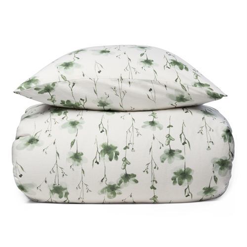 Flonel sengetøj 140x200 cm - Blødt blomstret sengesæt - Flower Green - 100% bomuldsflonel - By Night sengelinned