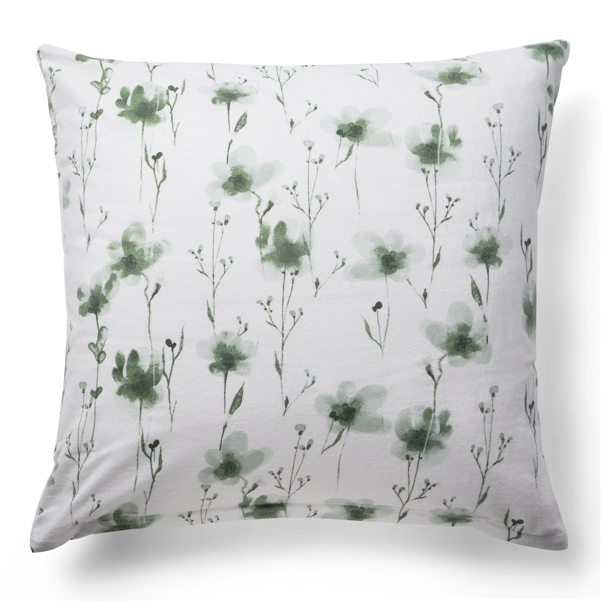Pudebetræk 60x63 cm - Bomulds flonel - Hvid med grønne blomster