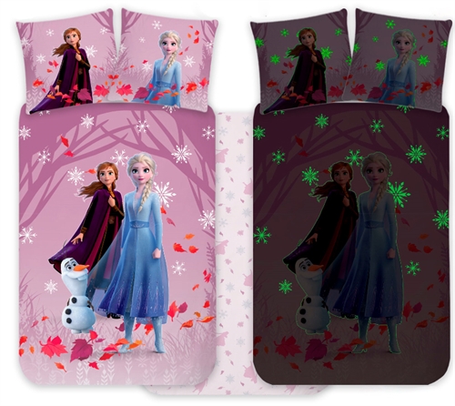 Frost sengetøj - 100% blødt bomuld - Vendbart selvlysende junior sengesæt - 100x140 cm - Anna og Elsa sengelinned