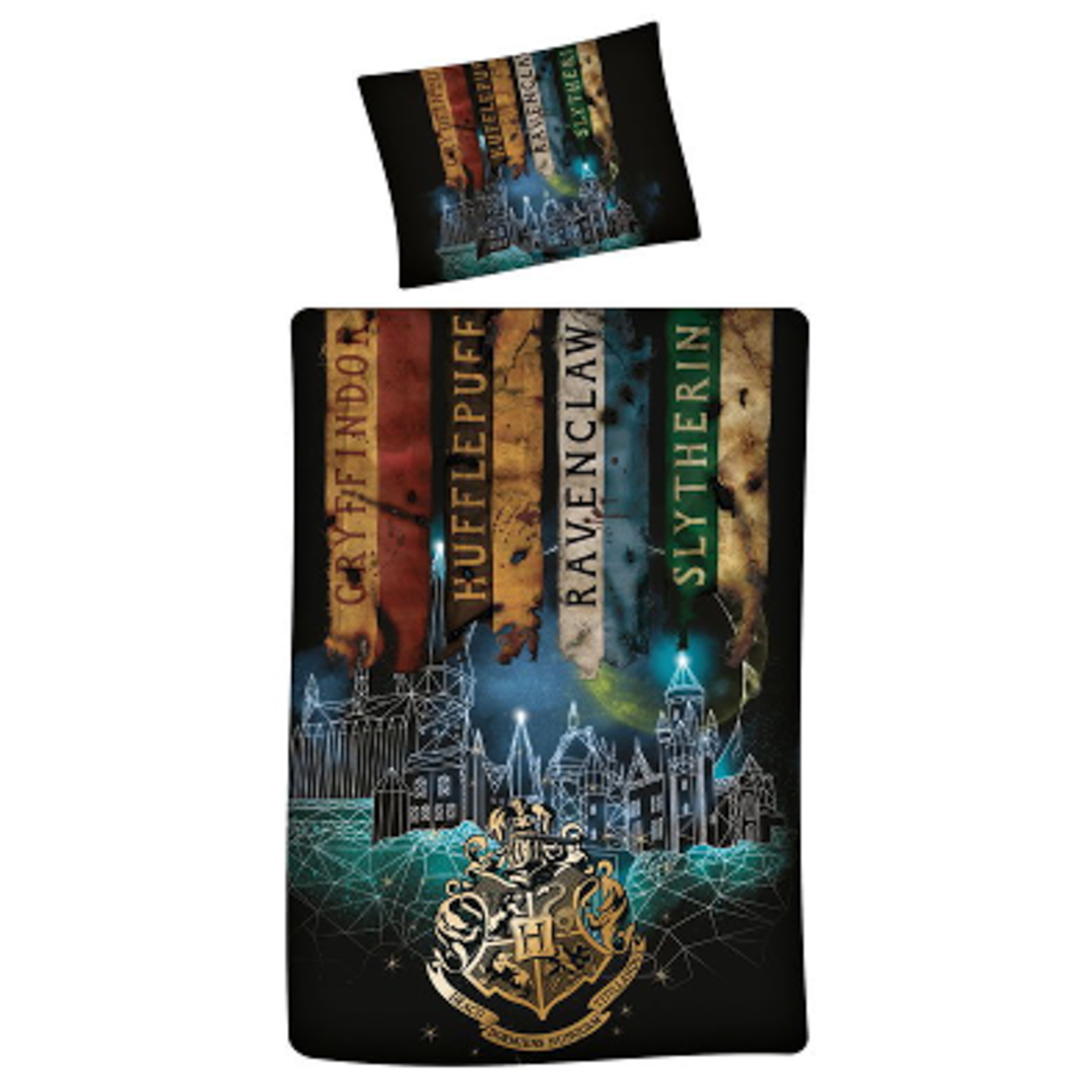 Harry Potter sengetøj - 100% bomuld - Børnesengetøj 140x200 cm - Hogwarts fire kollegier