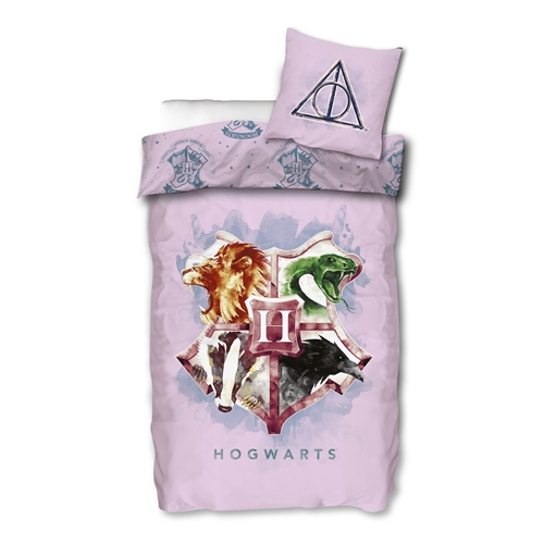 Harry Potter sengetøj - 140x200 cm - Lyserødt med Hogwarts skjold - Dynebetræk med 2 i 1 design - 100% bomuld