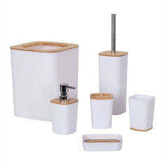 Badeværelsestilbehør - 6 dele - Hvidt - kraftigt plast og bambus - Badeværelsessæt