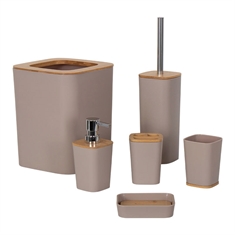 Badeværelsestilbehør - 6 dele - Sandfarvet - kraftigt plast og bambus - Badeværelsessæt
