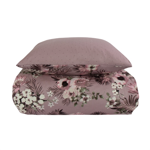 Sengetøj dobbeltdyne - 200x220 cm - Vendbart design i 100% Bomuldssatin - Flowers & Dots lavendel - Sengesæt fra By Night