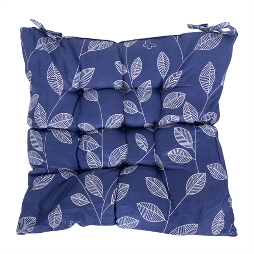 Stolehynde - 35x35x6 cm - Blå havehynde med hvide blade - Blød komfort hynde