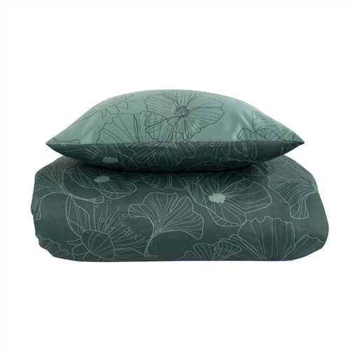 Sengetøj 140x220 cm - Vendbart design i 100% Bomuldssatin - Big Flower grøn - Sengesæt fra By Night