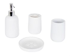 Badeværelsessæt - 4 dele - Hvidt med rillet mønster - Badeværelsestilbehør