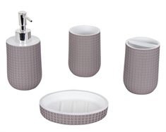 Badeværelsessæt - 4 dele - Gråt og hvidt med præget mønster - Badeværelsestilbehør