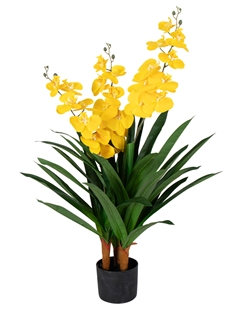 Kunstig Orkidé - 100 cm - 3-grenet - Gule blomster - Kunstig blomst i sort potte