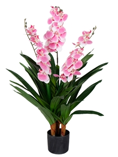 Kunstig Orkidé - 100 cm - 3-grenet - Pink blomster - Kunstig blomst i sort potte