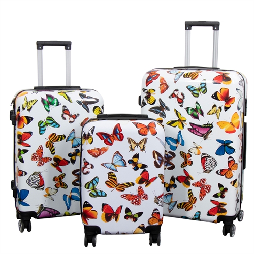 Kuffertsæt - 3 Stk. - Kuffert med motiv - Hvid med sommerfugle print - Hardcase letvægt kuffert med 4 hjul