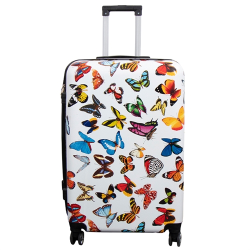Stor kuffert - Hardcase kuffert med motiv - Hvid med sommerfugle print - Eksklusiv letvægt kuffert