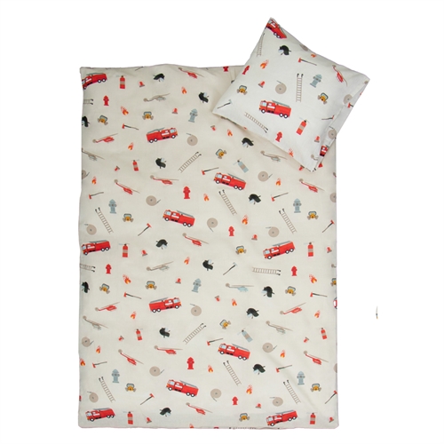 Junior sengetøj 100x140 cm - Beige sengesæt med brandvæsen ikoner - 100% blødt bomulds sengelinned