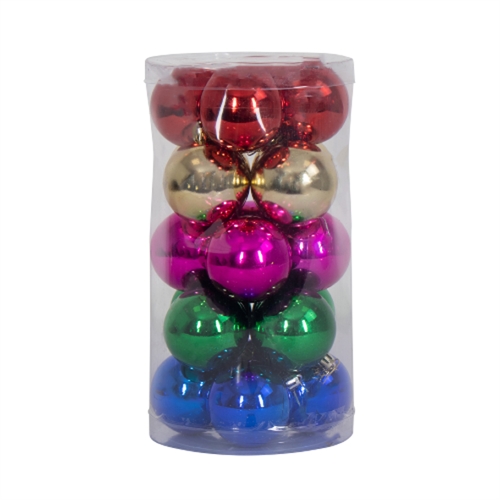 Æske med 20 Julekugler Ø6 cm – Mix af farverige juletræskugler i holdbart plast