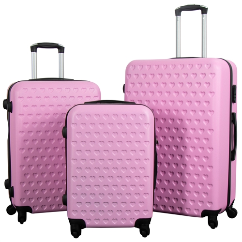 Kuffertsæt - 3 Stk. Hardcase kufferter tilbud - Lyserød kuffert med hjerter 