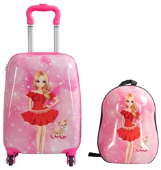 Børnekuffert - Kabinekuffert på hjul med rygsæk - Pink med motiv af pige & hund - Rejsesæt til børn