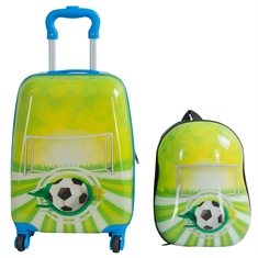 Børnekuffert - Kabinekuffert på hjul med rygsæk - Grøn kuffert med fodbold - Rejsesæt til børn