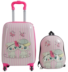 Børnekuffert - Kabinekuffert på hjul med rygsæk - Pink kuffert med katte - Rejsesæt til børn