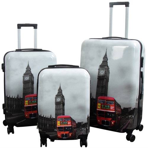 Kuffertsæt - 3 Stk. - Kuffert med motiv - Big Ben - Hardcase letvægt kuffert med 4 hjul