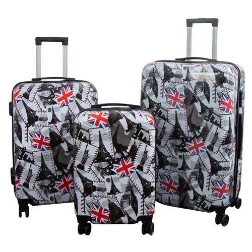Kuffertsæt - 3 Stk. - Kuffert med motiv - London og Paris - Hardcase letvægt kuffert med 4 hjul