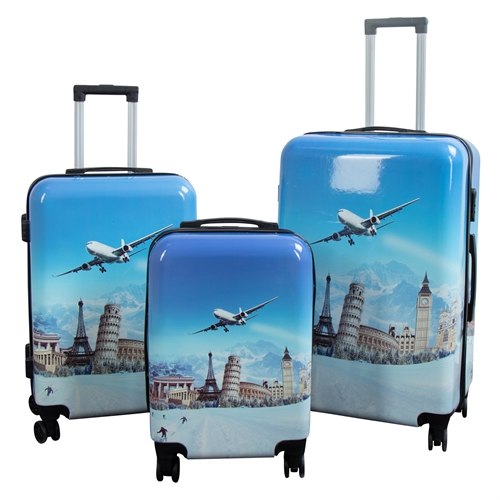 Kuffertsæt - 3 Stk. - Kuffert med motiv - Airplane - Hardcase letvægt kuffert med 4 hjul