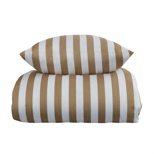 Stribet sengetøj til dobbeltdyne - 200x200 cm - Blødt bomuldssatin - Nordic Stripe - Sandfarvet og hvidt sengesæt