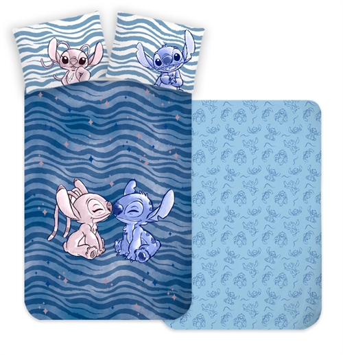 Blåt junior sengetøj 100x140 cm - Vendbart sengesæt med Stitch og Angel - 100% bomulds sengelinned