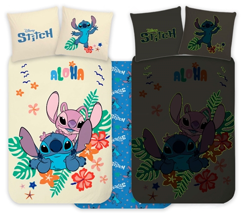 Stitch og Angel sengetøj - 100% blødt bomuld - Vendbart selvlysende junior sengesæt - 100x140 cm sengelinned