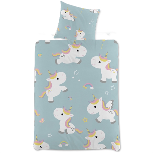 Enhjørning sengetøj - 140x200 cm - Unicorn og regnbue børnesengetøj - Vendbart sengesæt i 100% bomuld