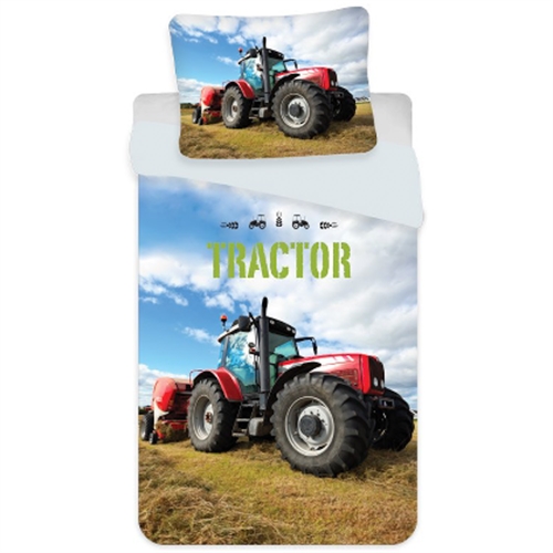 Traktor junior sengetøj 100x140 cm - Sengesæt med rød traktor - 2 i 1 design - 100% bomuld