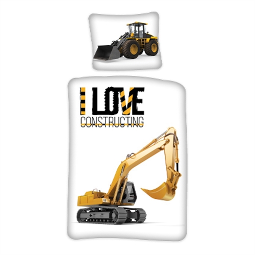 Børnesengetøj 140x200 - Sengesæt med stor gravmaskine - 100% bomuld - Vendbar dynebetræk