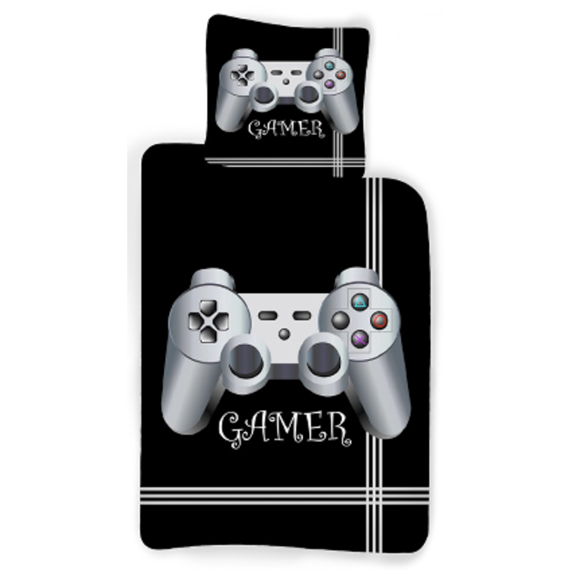 Gamer sengetøj - 100% bomuld - Børnesengetøj 140x200 cm - Sort sengetøj med controller