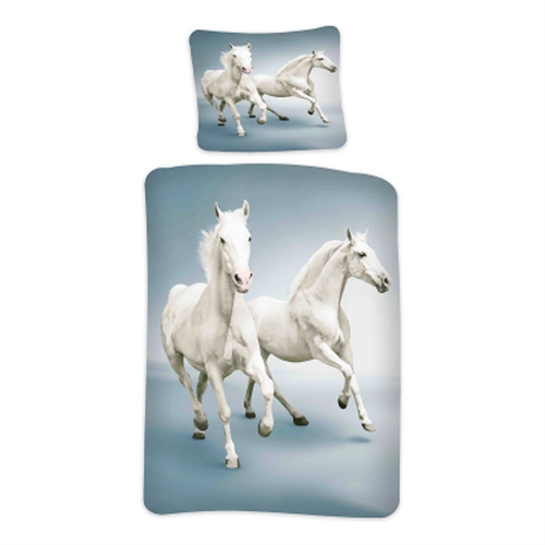 Heste sengetøj - 140x200 cm - Hvide galoperende heste - Vendbart design - Sengesæt i 100% bomuld
