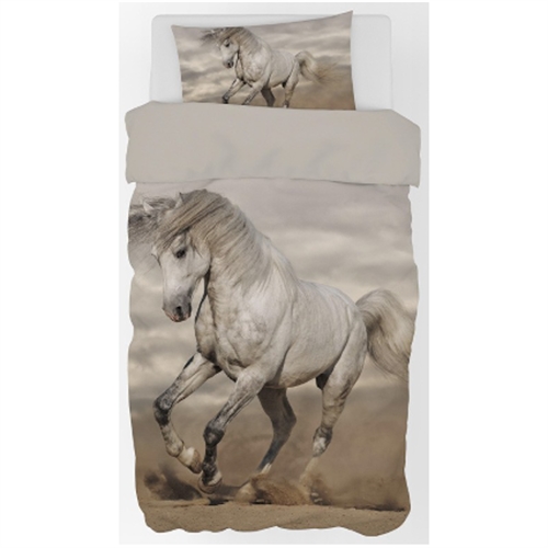 Heste sengetøj 140x200 cm - Stor hvid hest - 2 i 1 design - 100% bomuld