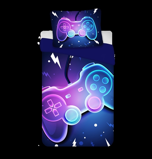 Gamer sengetøj 140x200 cm - Blåt vendbart sengesæt med controller - 100% blødt bomulds sengelinned